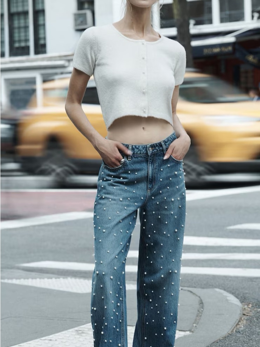 Dynamite, Mika Pearl-Embellished Blue Wide-Leg Jeans - Women